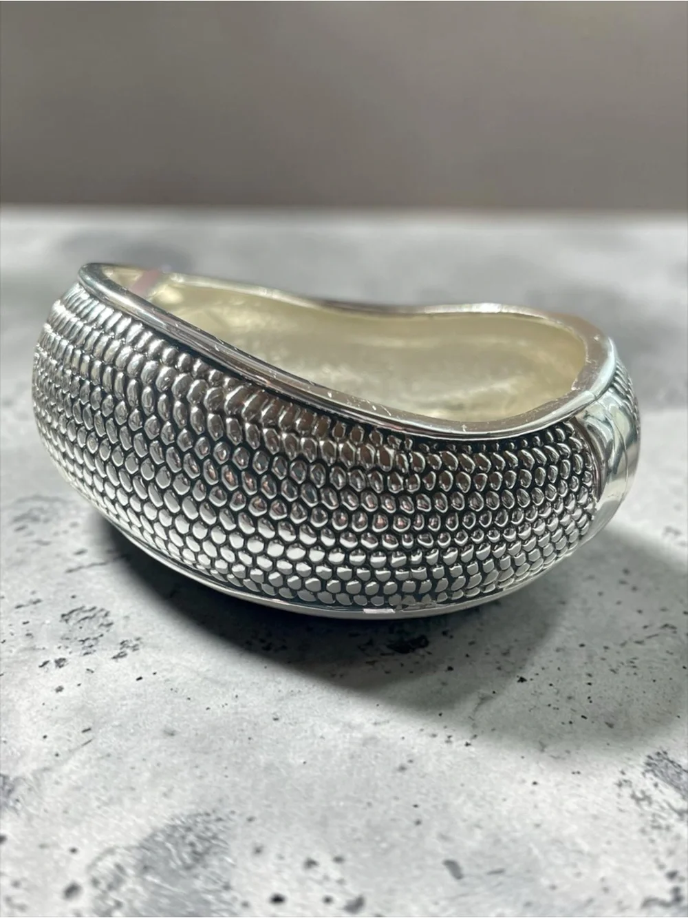 Silver Tone Textured Hinged Magnetic Closure Statement Cuff Bracelet